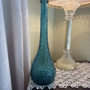 VTG MCM Empoli 15" Italy Blue Glass Bubbles Genie Bottle Decanter No Stopper